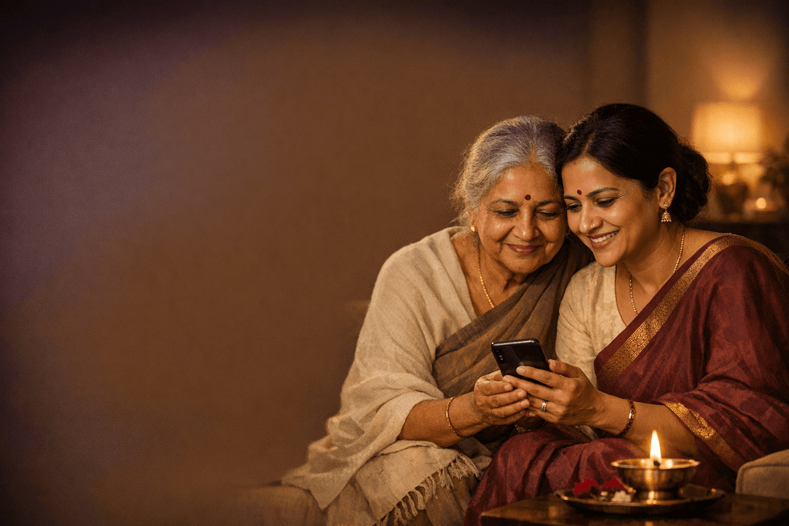 Family receiving puja proof on the phone at home