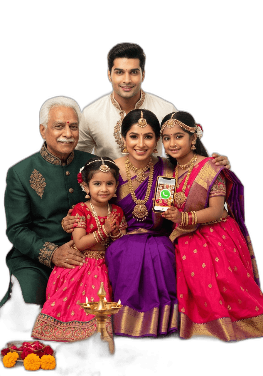 Family receiving puja video delivery on WhatsApp