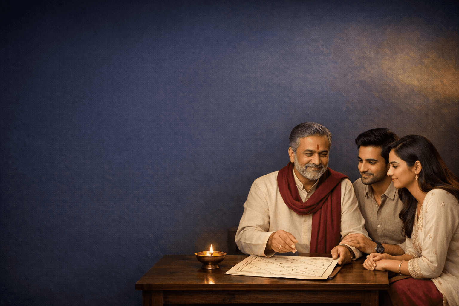 Astrologer guiding a young couple through a kundli reading