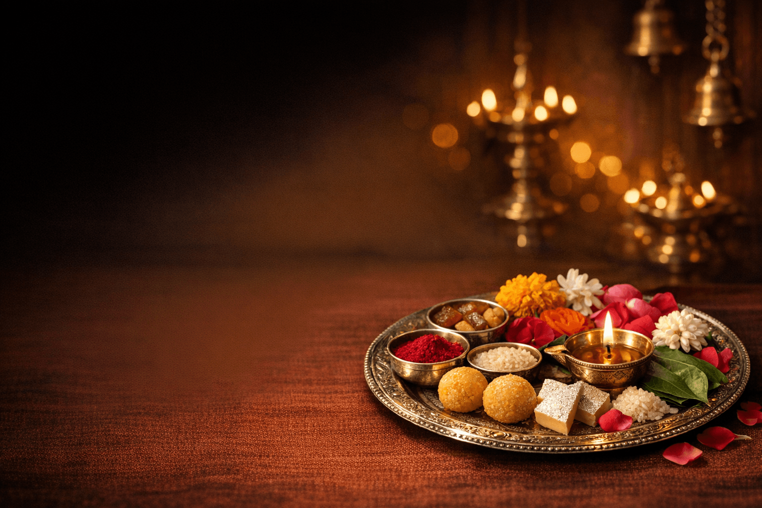 Sacred puja thali with flowers, sweets, diya, and offerings