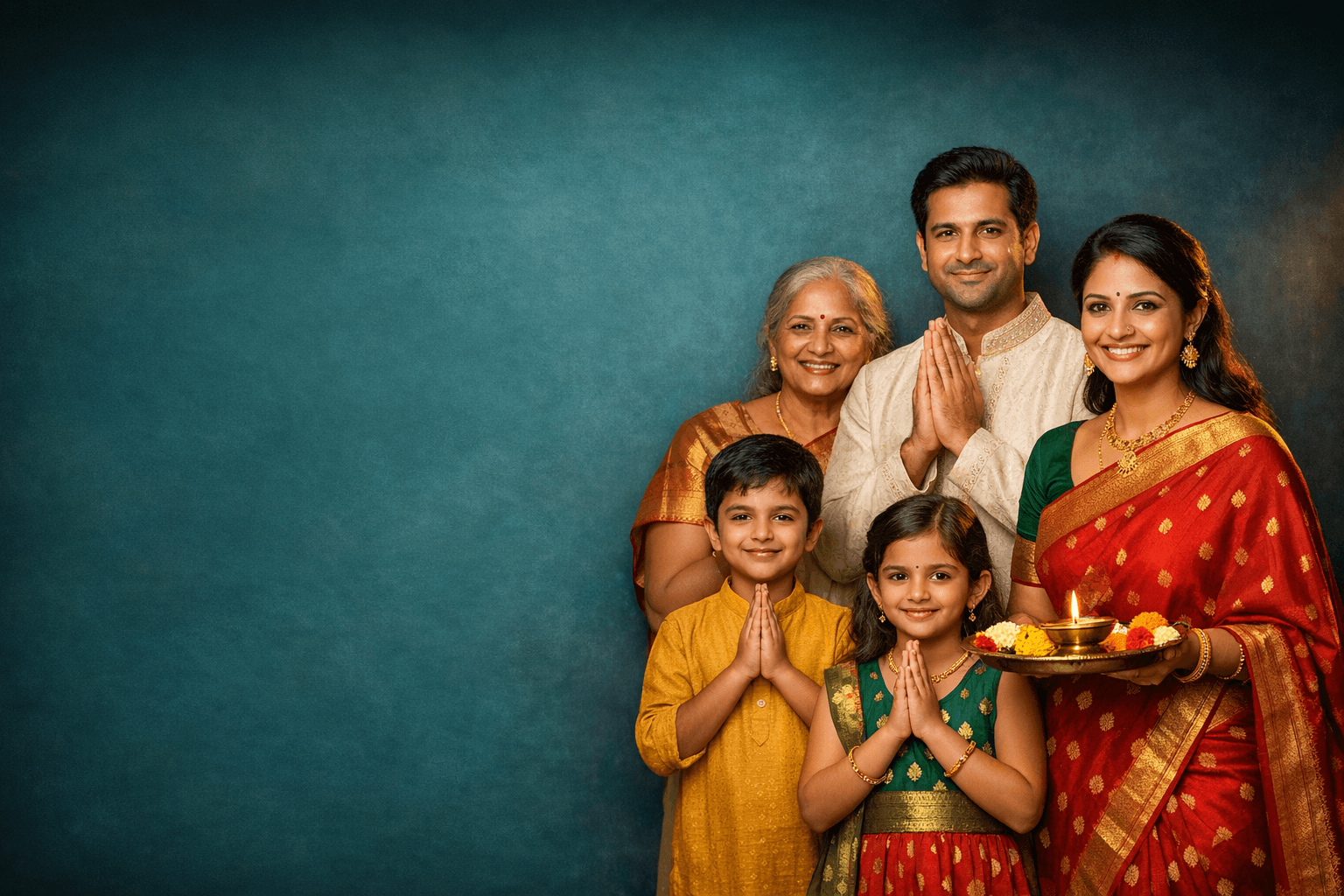 Indian family in festive clothing praying together with a puja thali