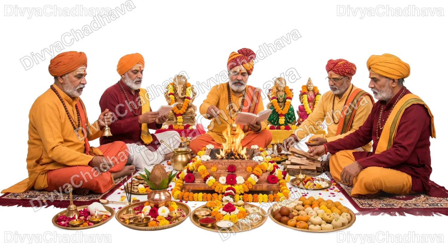 Experienced pandits performing the Ambubachi Nivritti Devi-Snan Mahaprasad at Shri Kamakhya Devi Mandir Kamachha Varanasi
