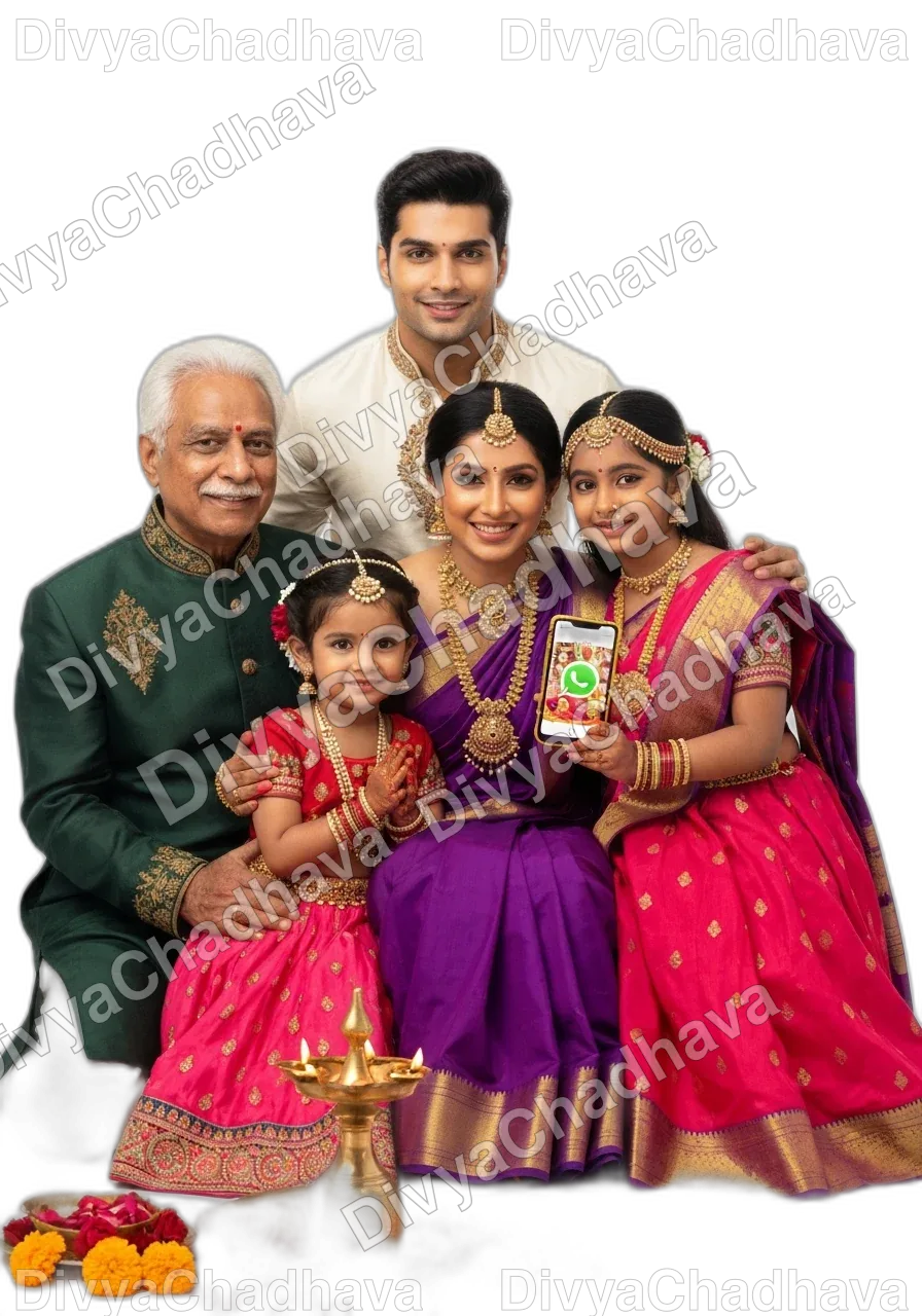 Family receiving Maa Kamakhya Mahaprasad darshan video on WhatsApp